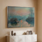 Silver floater framed canvas of Sunset on the Seine at Lavacourt, Winter Effect, 1880 by Claude Monet, featuring a winter scene with warm light reflecting on water at dusk above a console cabinet in a minimalist entryway.