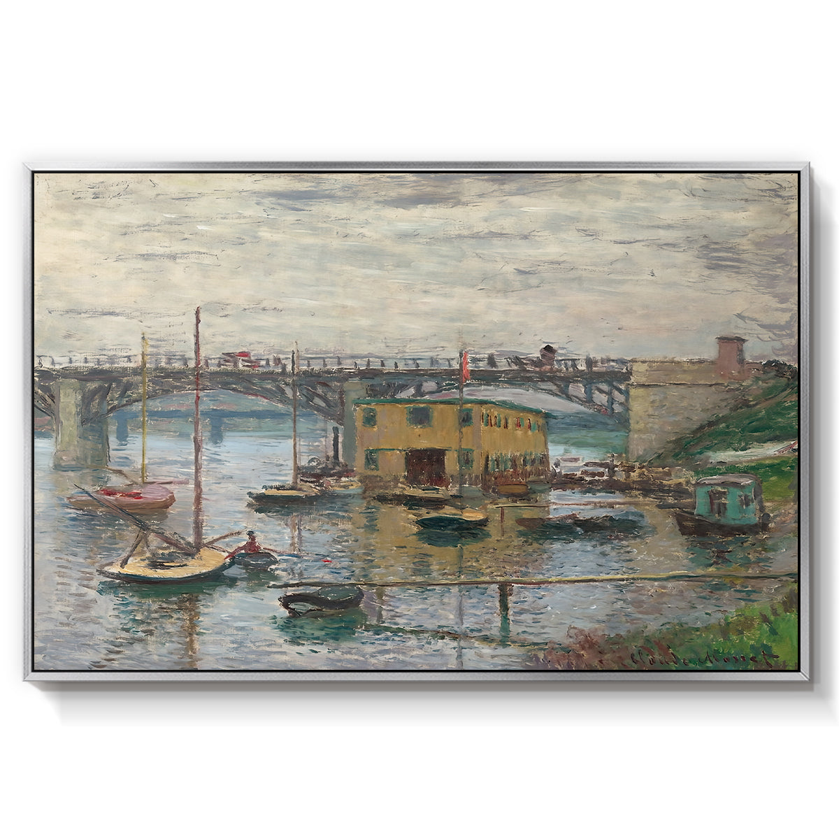 Bridge at Argenteuil on a Gray Day, c. 1876 by Claude Monet in a silver floater framed canvas wall art display.