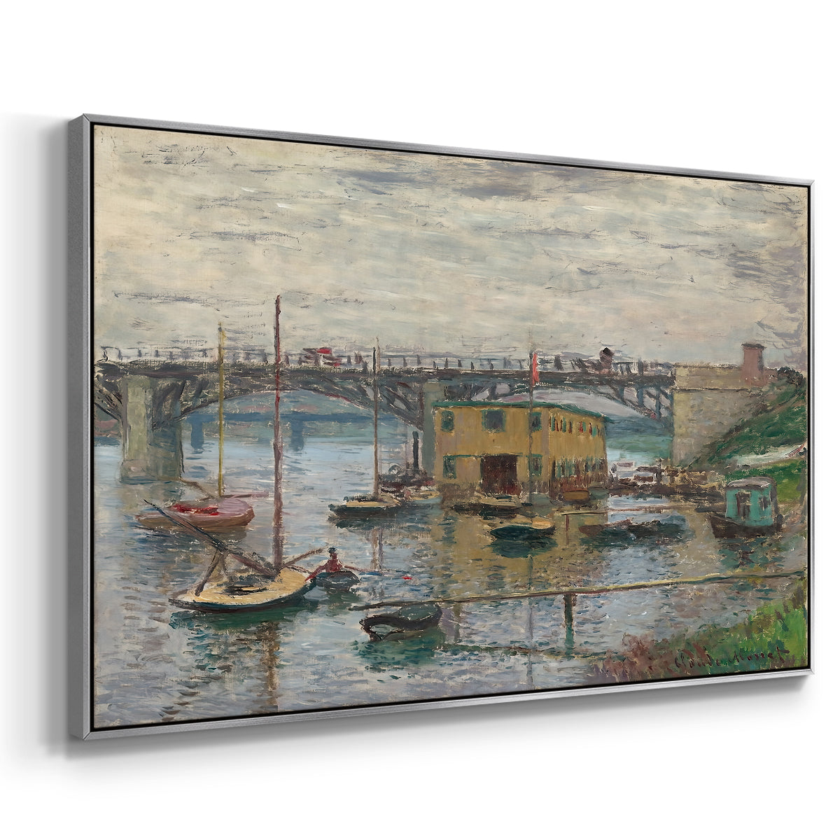 Angled view of Bridge at Argenteuil on a Gray Day, c. 1876 by Claude Monet in a silver floater framed canvas.