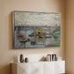 Silver floater framed canvas of Bridge at Argenteuil on a Gray Day, c. 1876 by Claude Monet, featuring an impressionist riverscape with overcast atmosphere and soft tones above a console cabinet in a minimalist entryway.