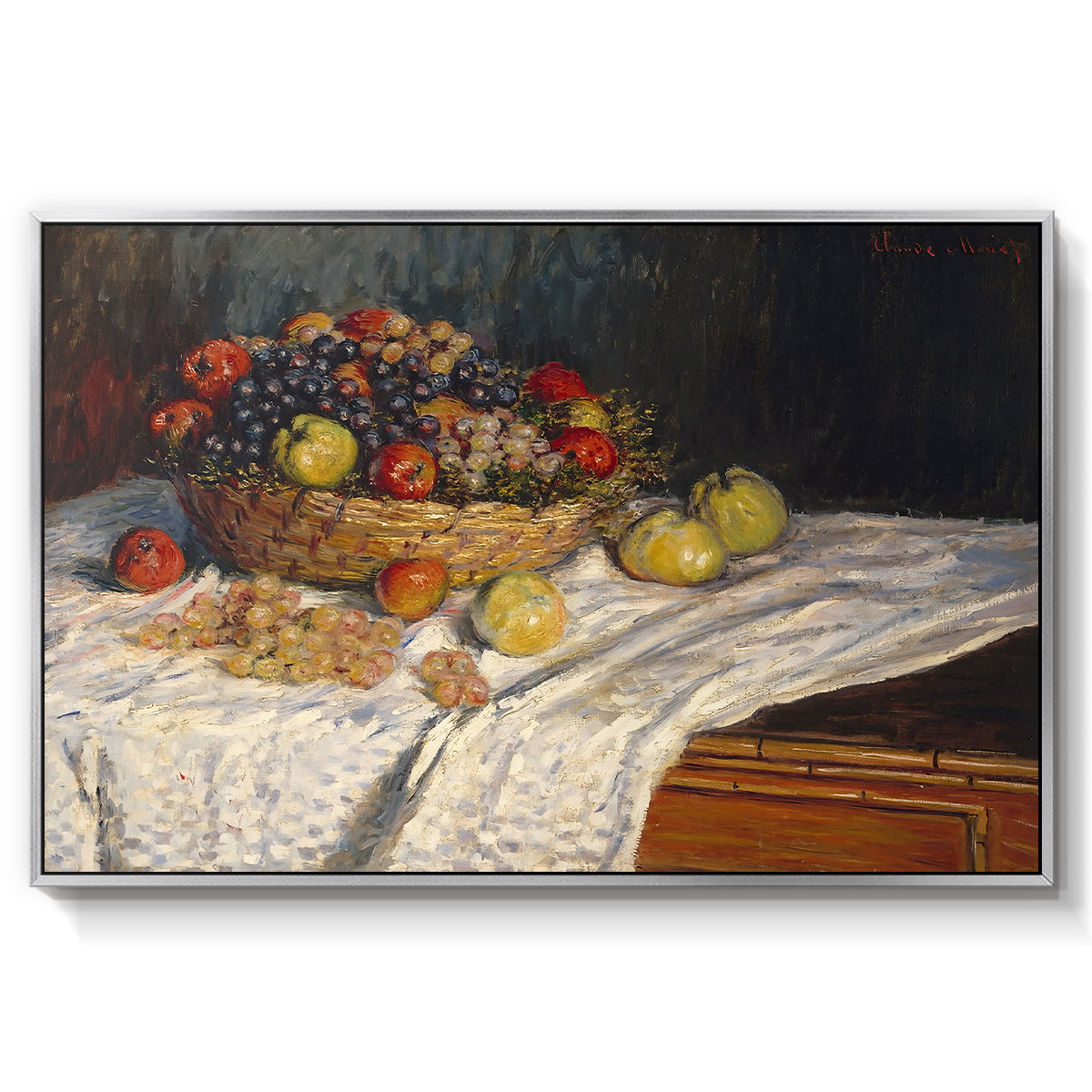 Still Life with Apples and Grapes, 1880 by Claude Monet in a silver floater framed canvas wall art display.