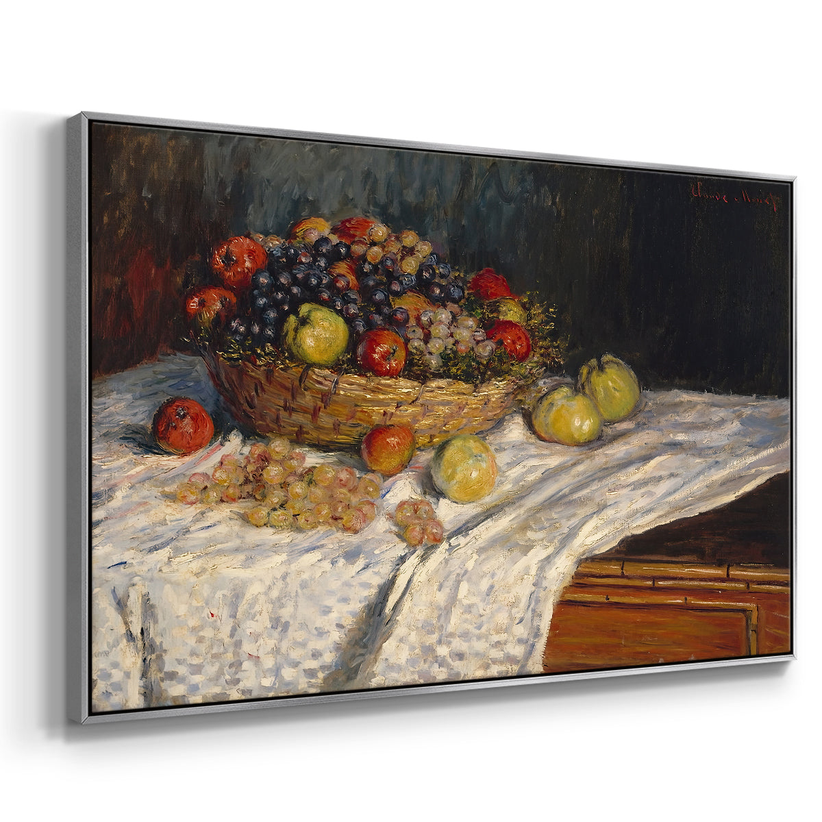 Angled view of Still Life with Apples and Grapes, 1880 by Claude Monet in a silver floater framed canvas.