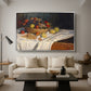 Still Life with Apples and Grapes, 1880 by Claude Monet as a silver floater framed canvas featuring an arrangement of apples and grapes on table with soft natural light, displayed above a sofa in a modern living room.