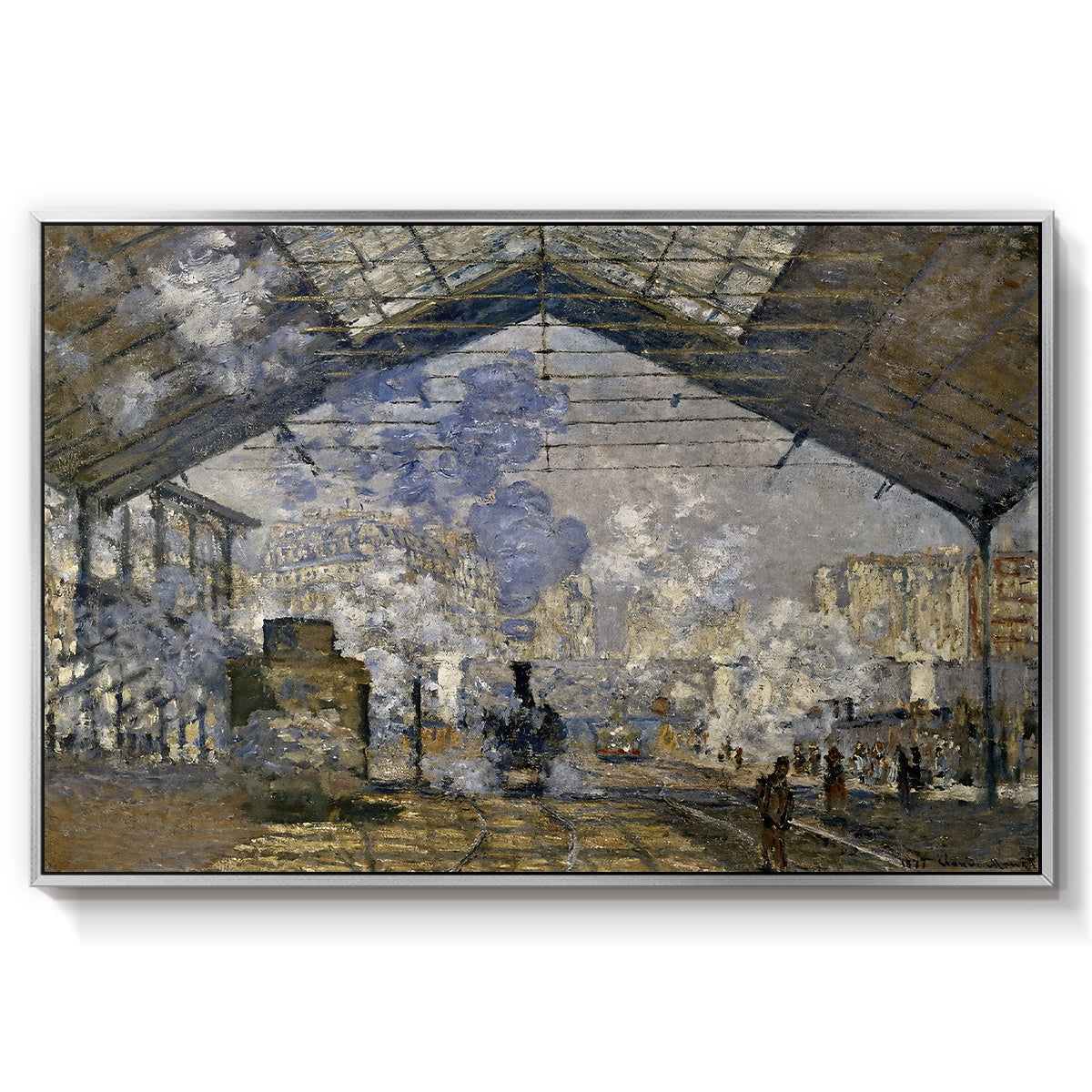 The Gare Saint-Lazare, 1877 by Claude Monet in a silver floater framed canvas wall art display.