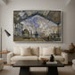 The Gare Saint-Lazare, 1877 by Claude Monet as a silver floater framed canvas featuring a train station interior filled with steam and locomotives under iron structure, displayed above a sofa in a modern living room.