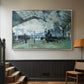 Silver floater framed canvas featuring a dramatic depiction of industrial space with trains and light, displayed in a hallway near a staircase.