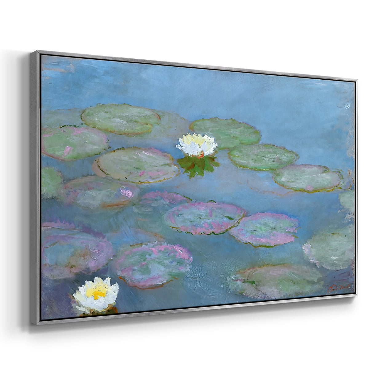 Angled view of Water Lilies (Nymphéas), 1897-1899 by Claude Monet in a silver floater framed canvas.