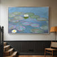 Silver floater framed canvas featuring a close-up of aquatic plants in still water, displayed in a hallway near a staircase.