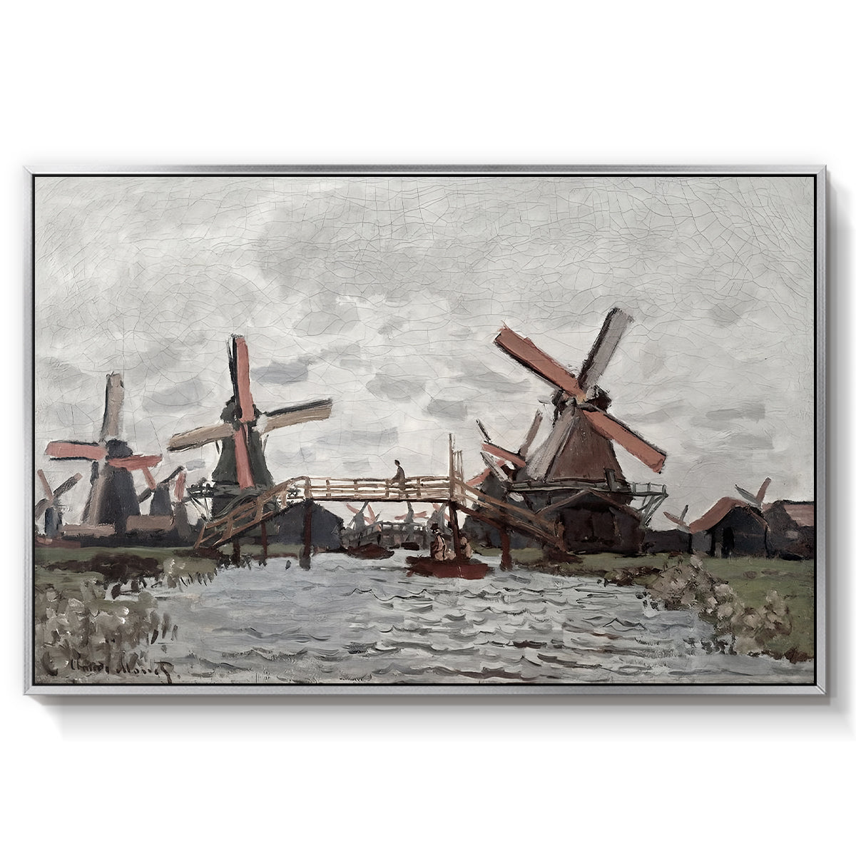 Windmills near Zaandam, 1871 by Claude Monet in a silver floater framed canvas wall art display.