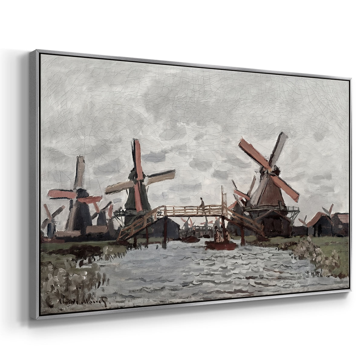 Angled view of Windmills near Zaandam, 1871 by Claude Monet in a silver floater framed canvas.