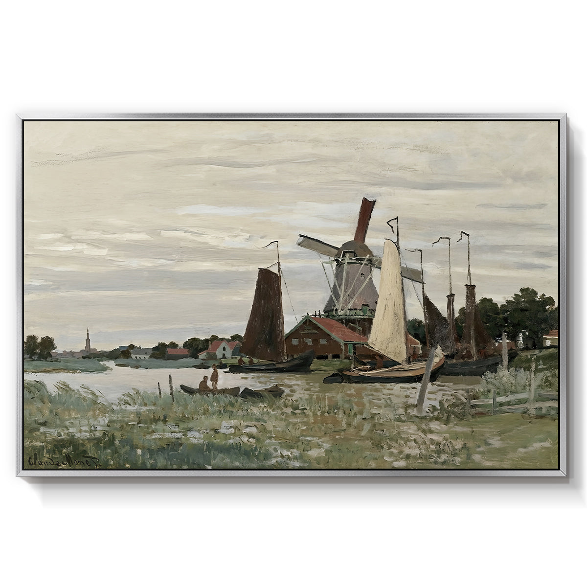 Windmill at Zaandam, 1871 by Claude Monet in a silver floater framed canvas wall art display.