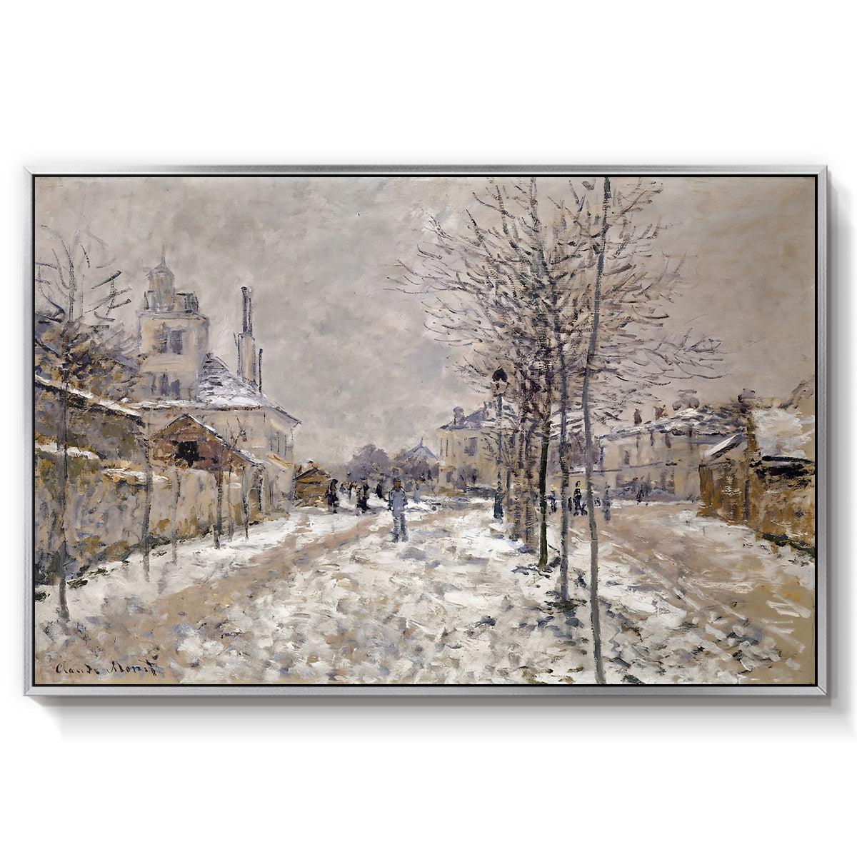 The Boulevard de Pontoise at Argenteuil, Snow Effect, 1875 by Claude Monet in a silver floater framed canvas wall art display.