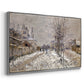 Angled view of The Boulevard de Pontoise at Argenteuil, Snow Effect, 1875 by Claude Monet in a silver floater framed canvas.