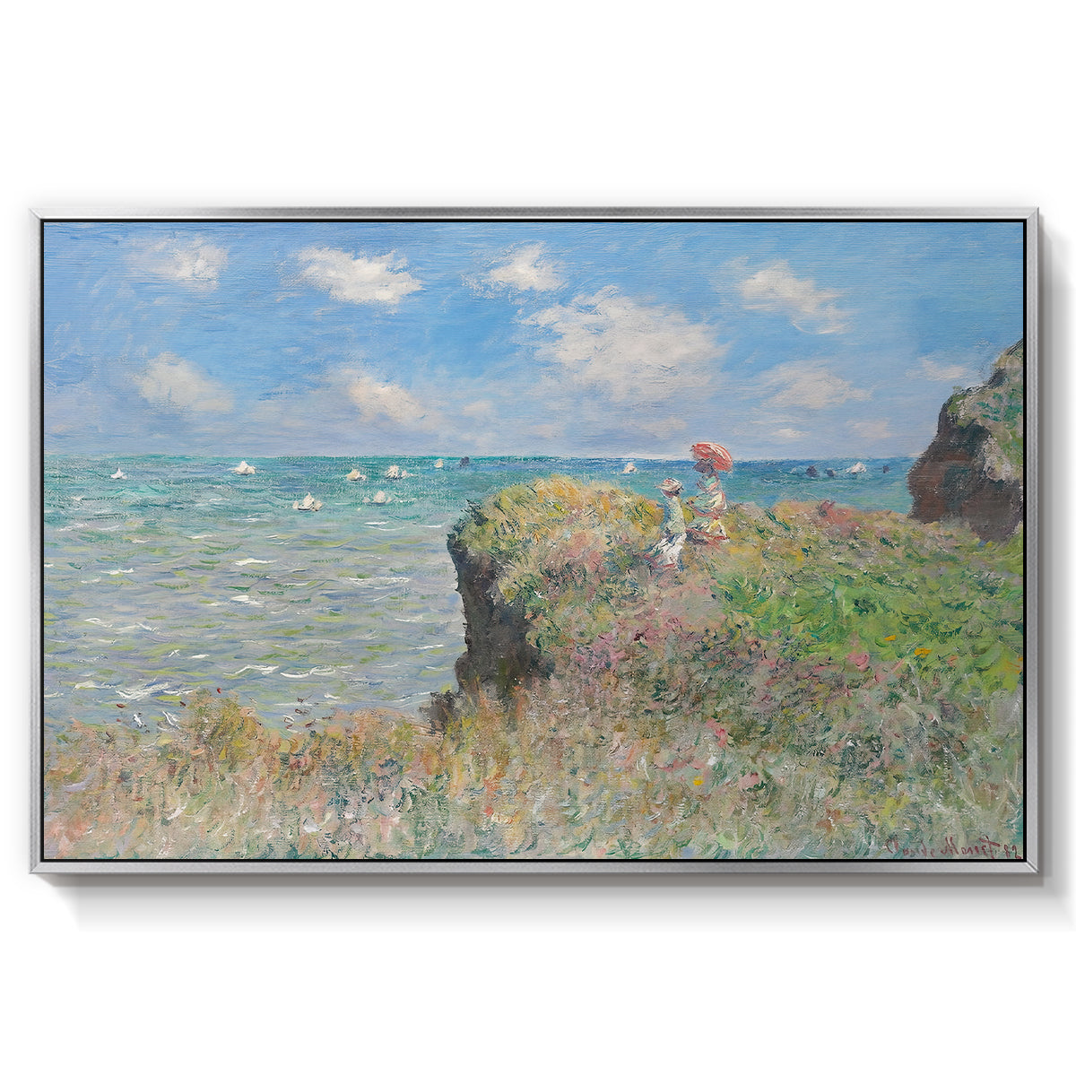 The Cliff Walk at Pourville, 1882 by Claude Monet in a silver floater framed canvas wall art display.