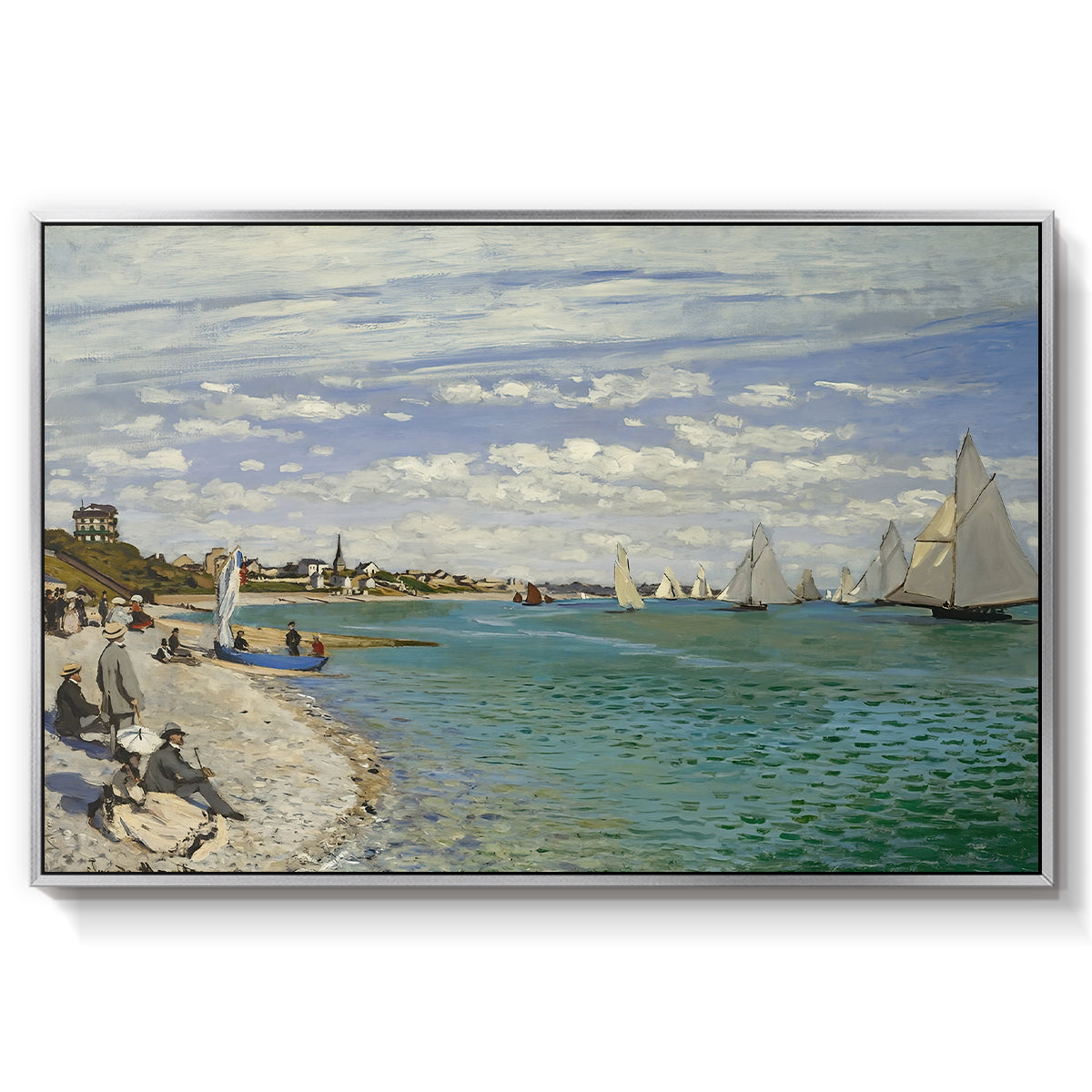 Regatta at Sainte-Adresse, 1867 by Claude Monet in a silver floater framed canvas wall art display.