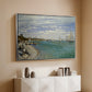 Silver floater framed canvas of Regatta at Sainte-Adresse, 1867 by Claude Monet, featuring a lively regatta scene with boats and people on beach above a console cabinet in a minimalist entryway.