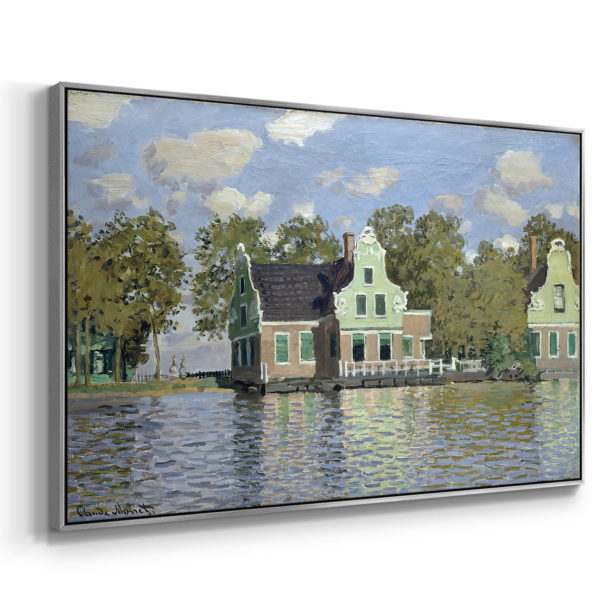 Angled view of Houses on the Zaan River at Zaandam, 1871 by Claude Monet in a silver floater framed canvas.
