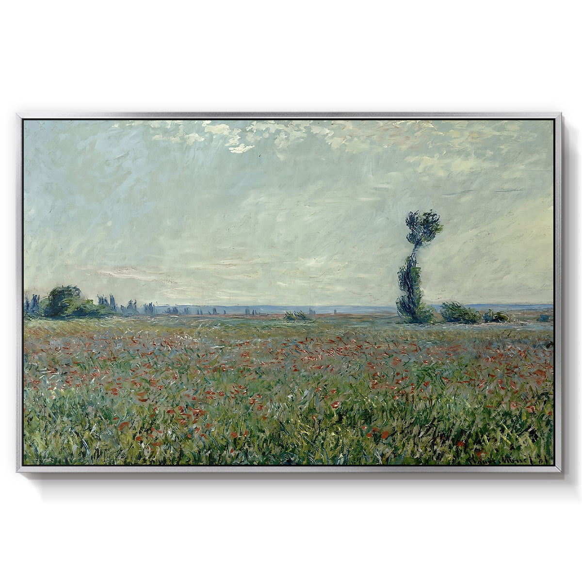 Poppy Field, 1881 by Claude Monet in a silver floater framed canvas wall art display.
