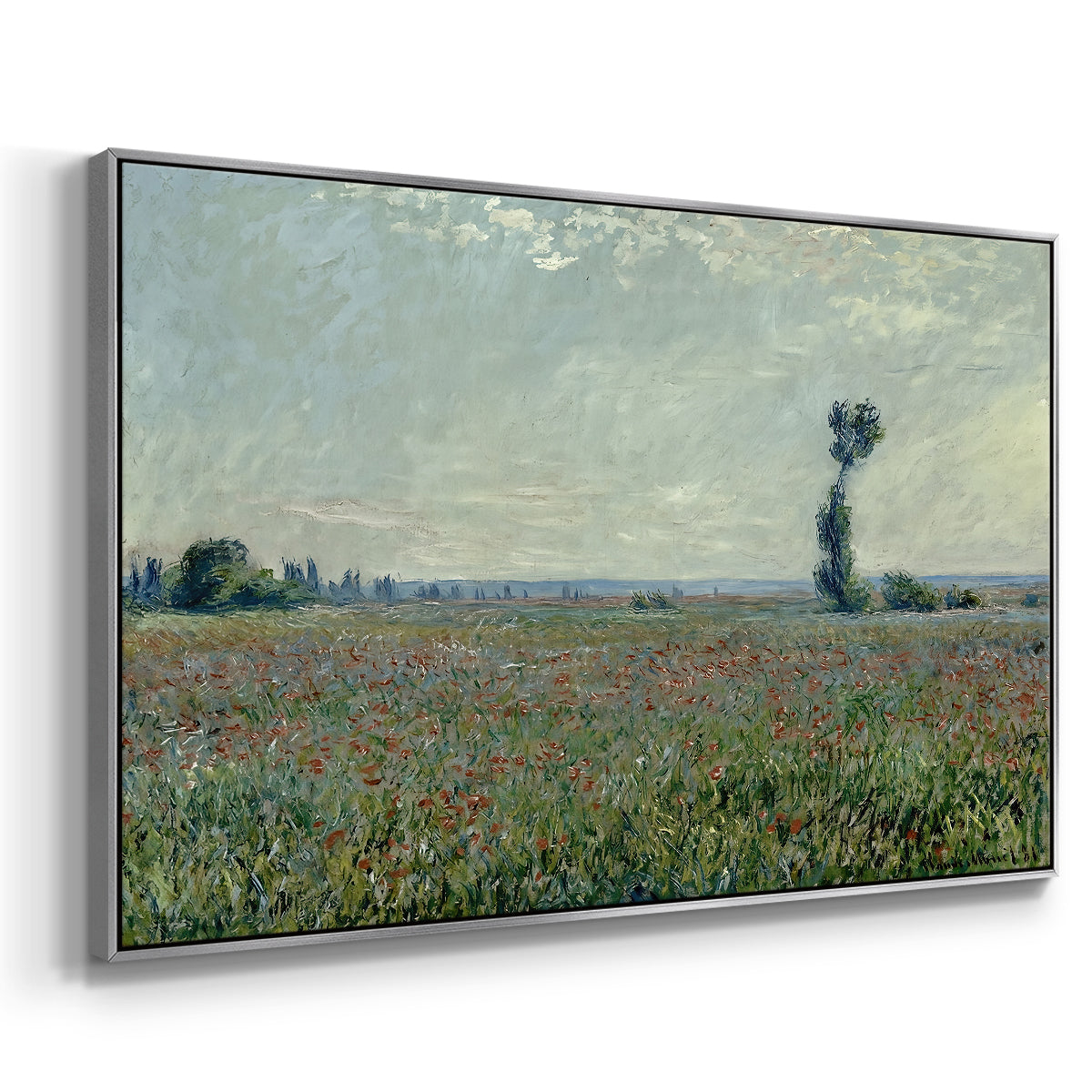 Angled view of Poppy Field, 1881 by Claude Monet in a silver floater framed canvas.