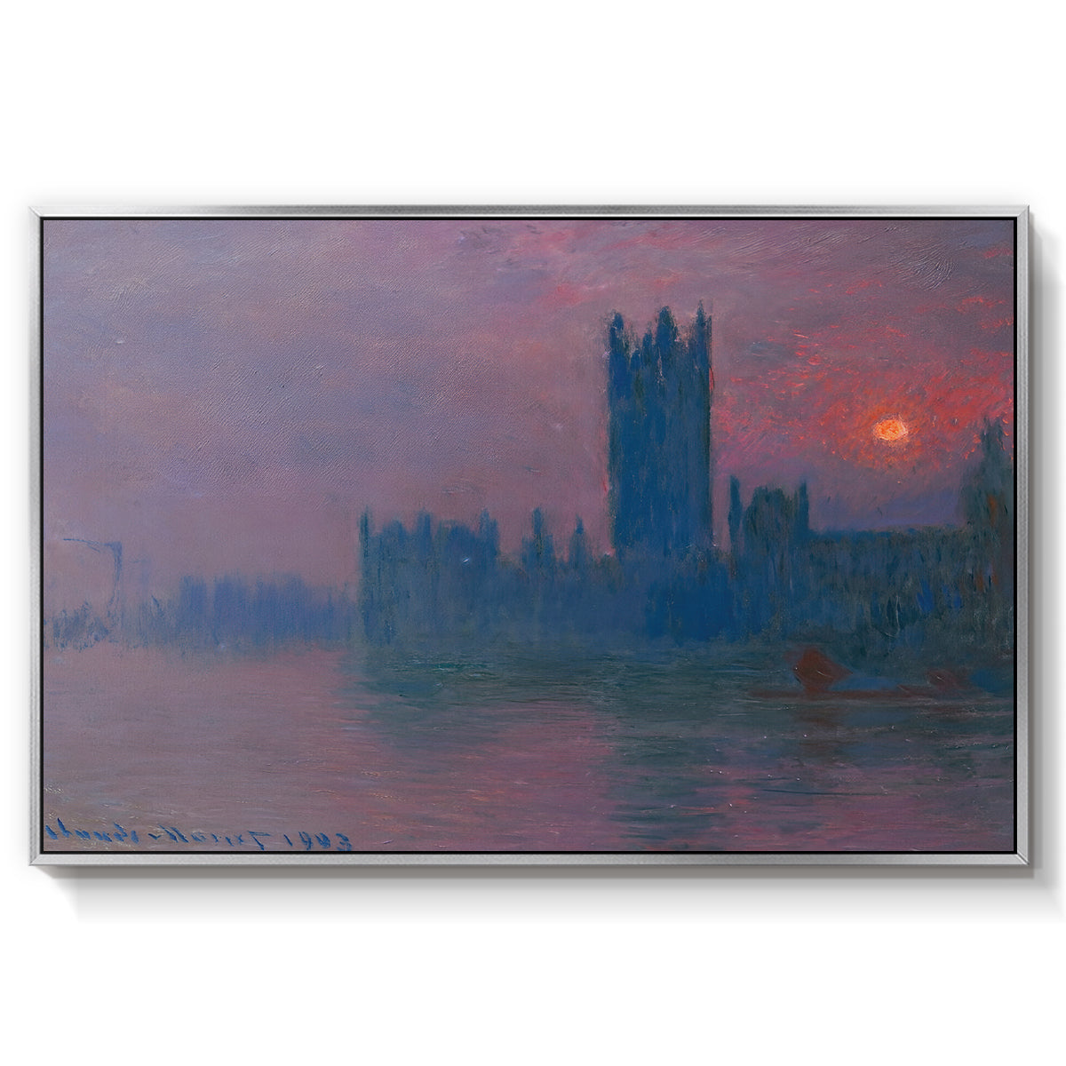 The Houses of Parliament, Sunset, 1903 by Claude Monet in a silver floater framed canvas wall art display.