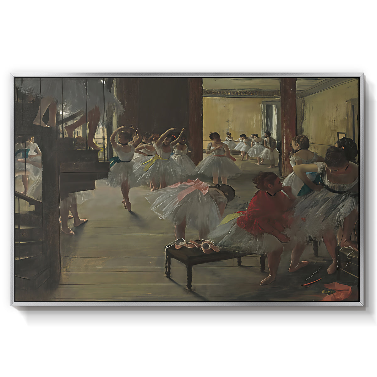 The Dance Class, c. 1873 by Edgar Degas in a silver floater framed canvas wall art display.