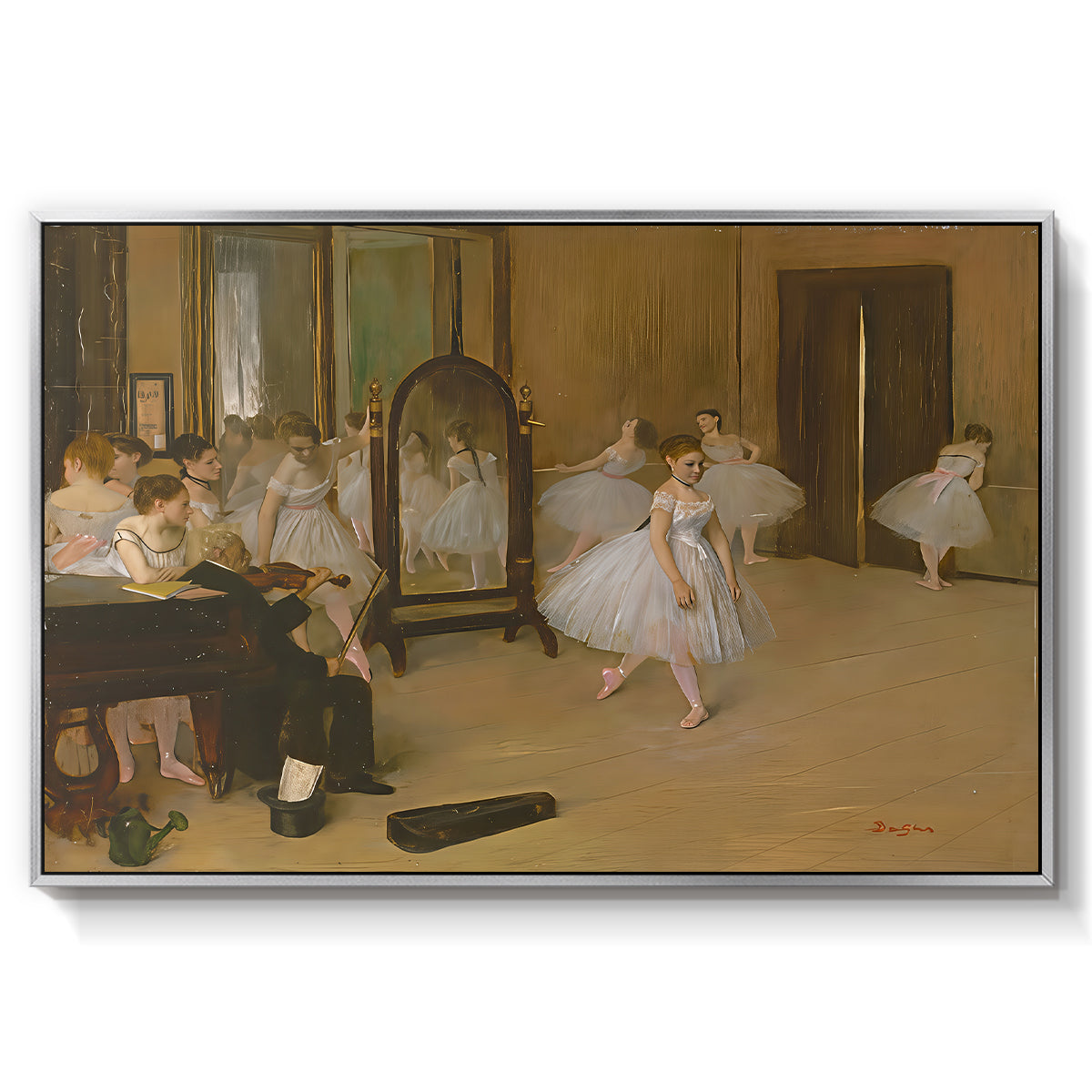 The Dancing Class, c. 1870 by Edgar Degas in a silver floater framed canvas wall art display.