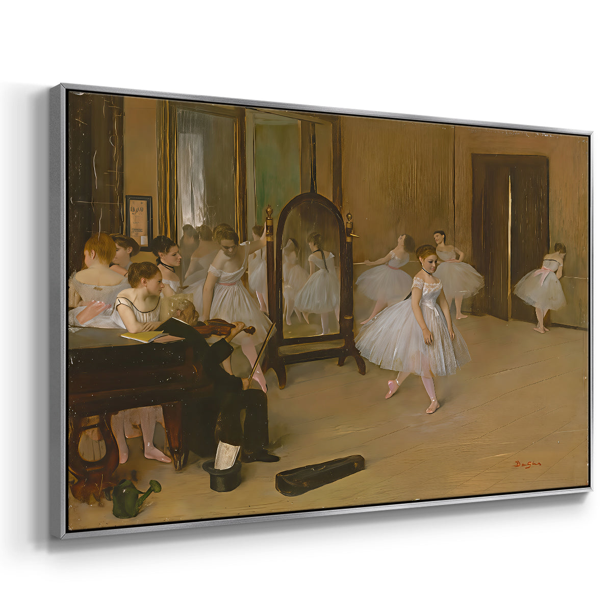 Angled view of The Dancing Class, c. 1870 by Edgar Degas in a silver floater framed canvas.