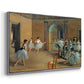 Angled view of The Dance Foyer at the Opera on the Rue Le Peletier, 1872 by Edgar Degas in a silver floater framed canvas.