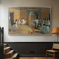 Silver floater framed canvas featuring an elegant rehearsal space with dancers in soft lighting, displayed in a hallway near a staircase.