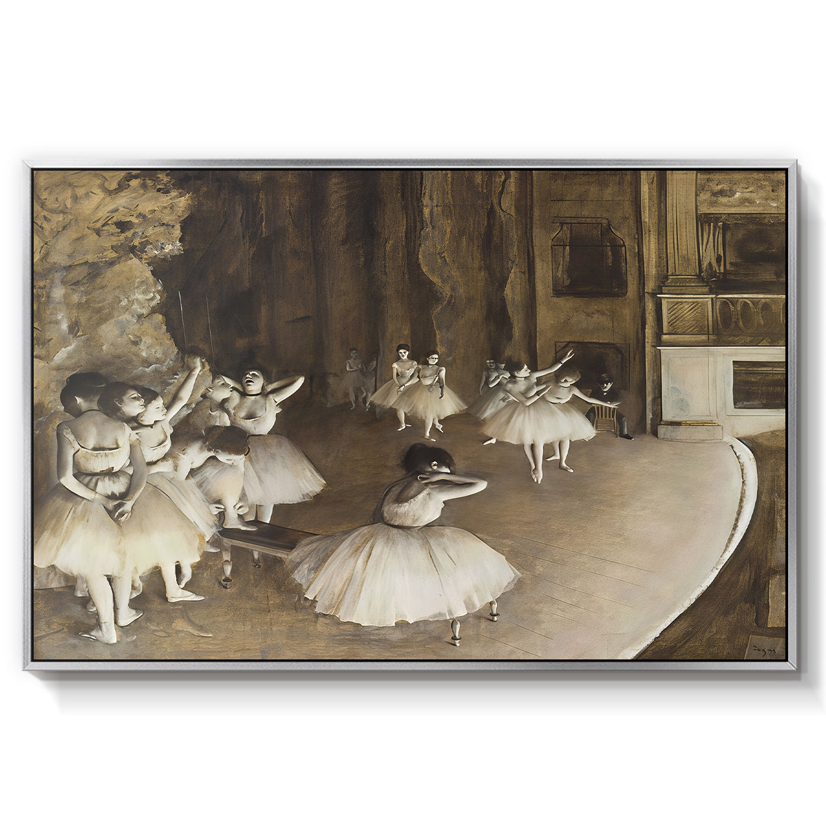 The Rehearsal of the Ballet Onstage, 1874 by Edgar Degas in a silver floater framed canvas wall art display.