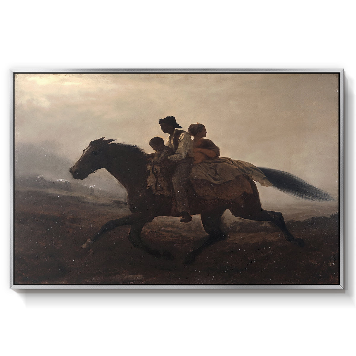 A Ride for Liberty – The Fugitive Slaves, c. 1862 by Eastman Johnson in a silver floater framed canvas wall art display.