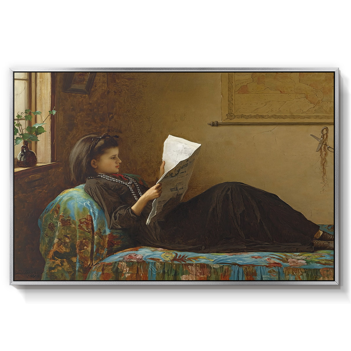 Interesting News, 1872 by Eastman Johnson in a silver floater framed canvas wall art display.