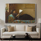 Interesting News, 1872 by Eastman Johnson displayed in a silver floater framed canvas above a sofa in a clean living room.