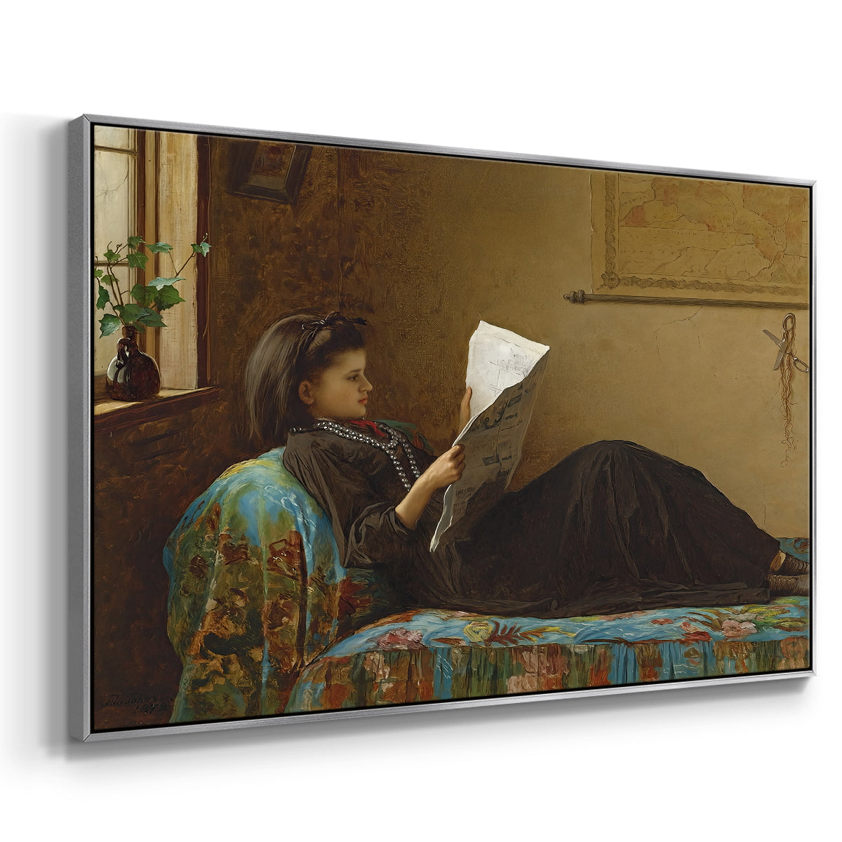 Angled view of Interesting News, 1872 by Eastman Johnson in a silver floater framed canvas.