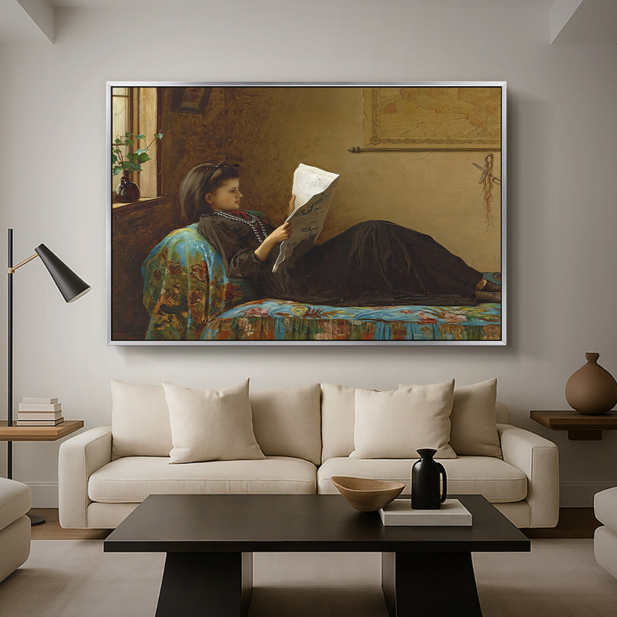 Interesting News, 1872 by Eastman Johnson as a silver floater framed canvas featuring a group of people gathered indoors reading newspaper together, displayed above a sofa in a modern living room.