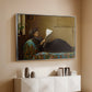 Silver floater framed canvas of Interesting News, 1872 by Eastman Johnson, featuring a domestic scene with figures reacting to shared news above a console cabinet in a minimalist entryway.