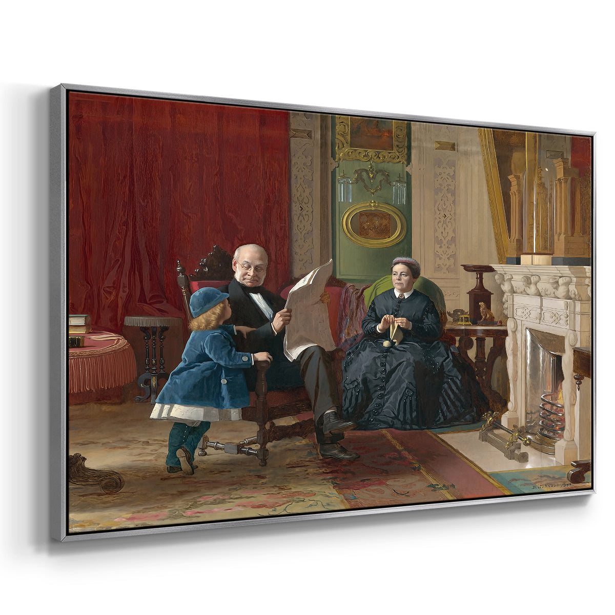 Angled view of The Brown Family, 1869 by Eastman Johnson in a silver floater framed canvas.