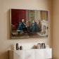 Silver floater framed canvas of The Brown Family, 1869 by Eastman Johnson, featuring a domestic portrait of group gathered in modest home setting above a console cabinet in a minimalist entryway.