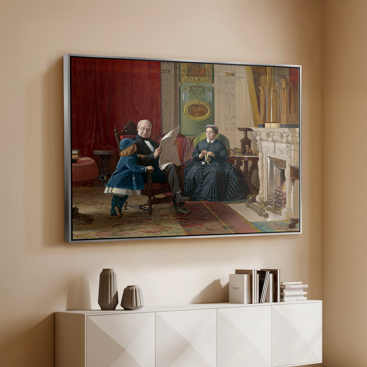 Silver floater framed canvas of The Brown Family, 1869 by Eastman Johnson, featuring a domestic portrait of group gathered in modest home setting above a console cabinet in a minimalist entryway.