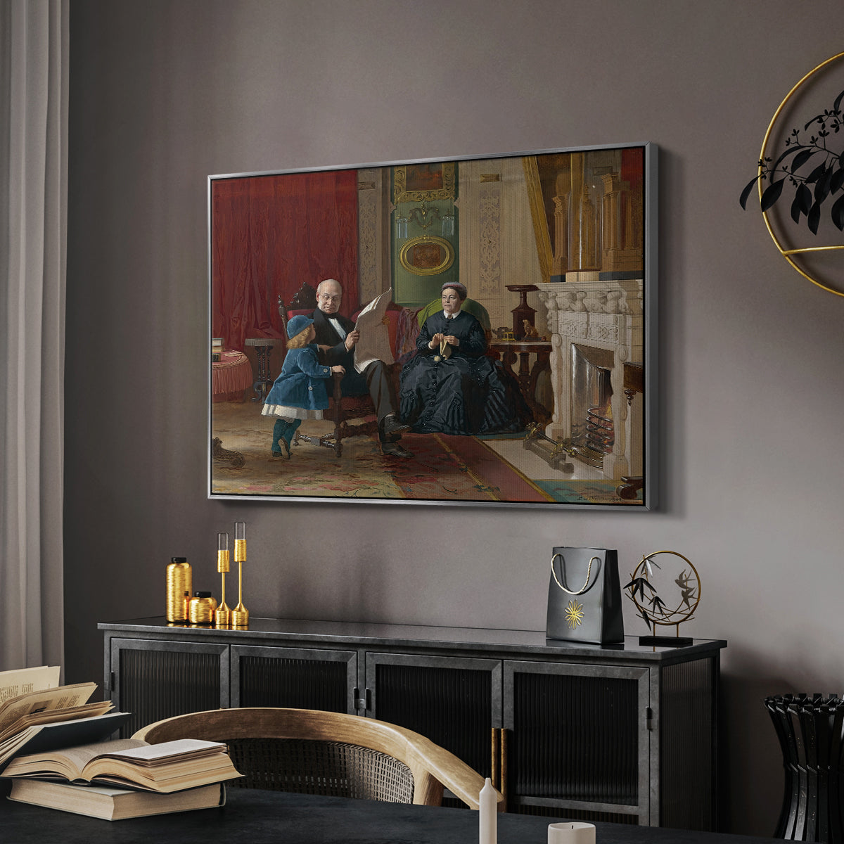 The Brown Family, 1869 by Eastman Johnson in a silver floater framed canvas featuring an Americana scene with figures sitting and interacting indoors, displayed above a desk in a dark home office interior.