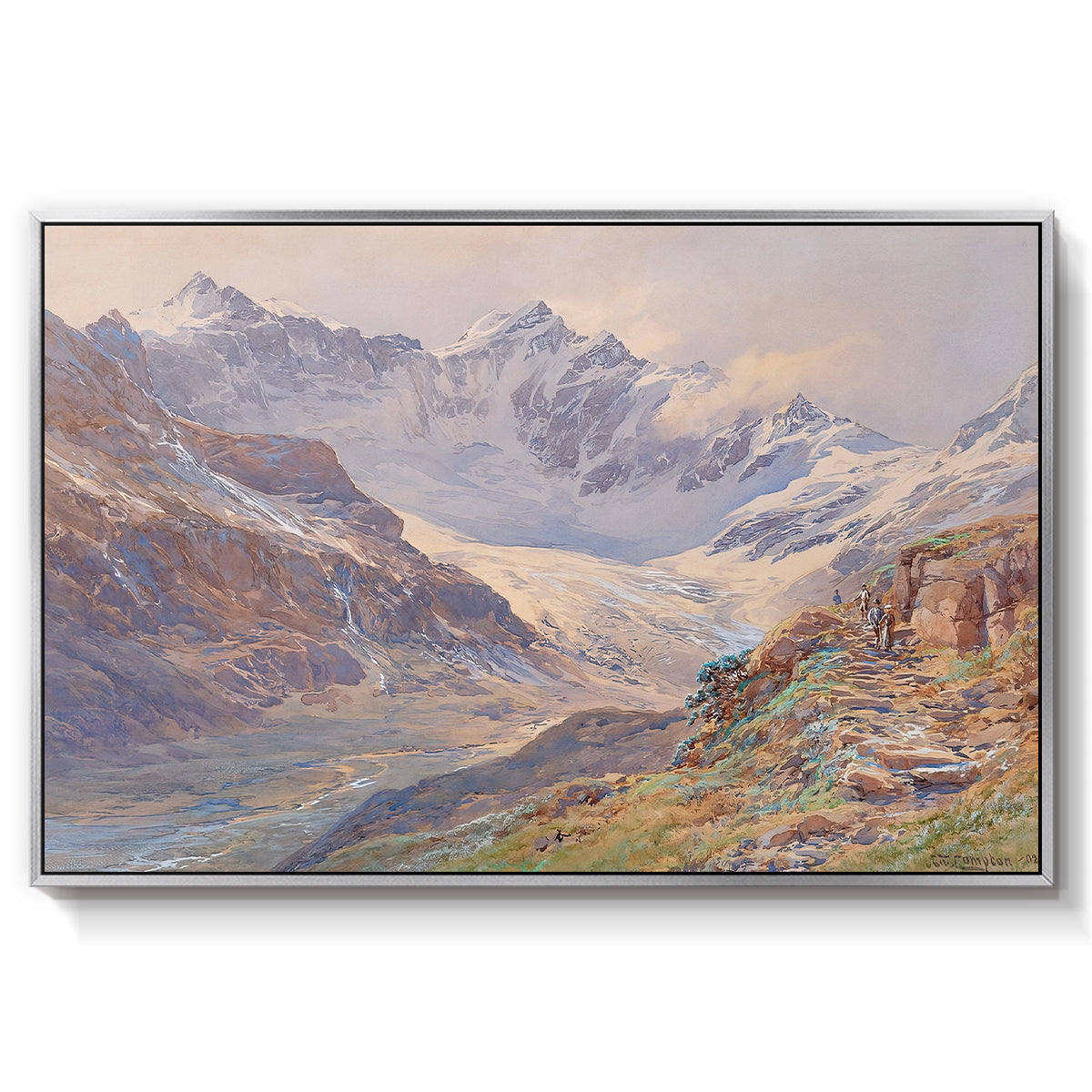 Odenwinklkees with the Johannisberg, 1902 by Edward Theodore Compton in a silver floater framed canvas wall art display.