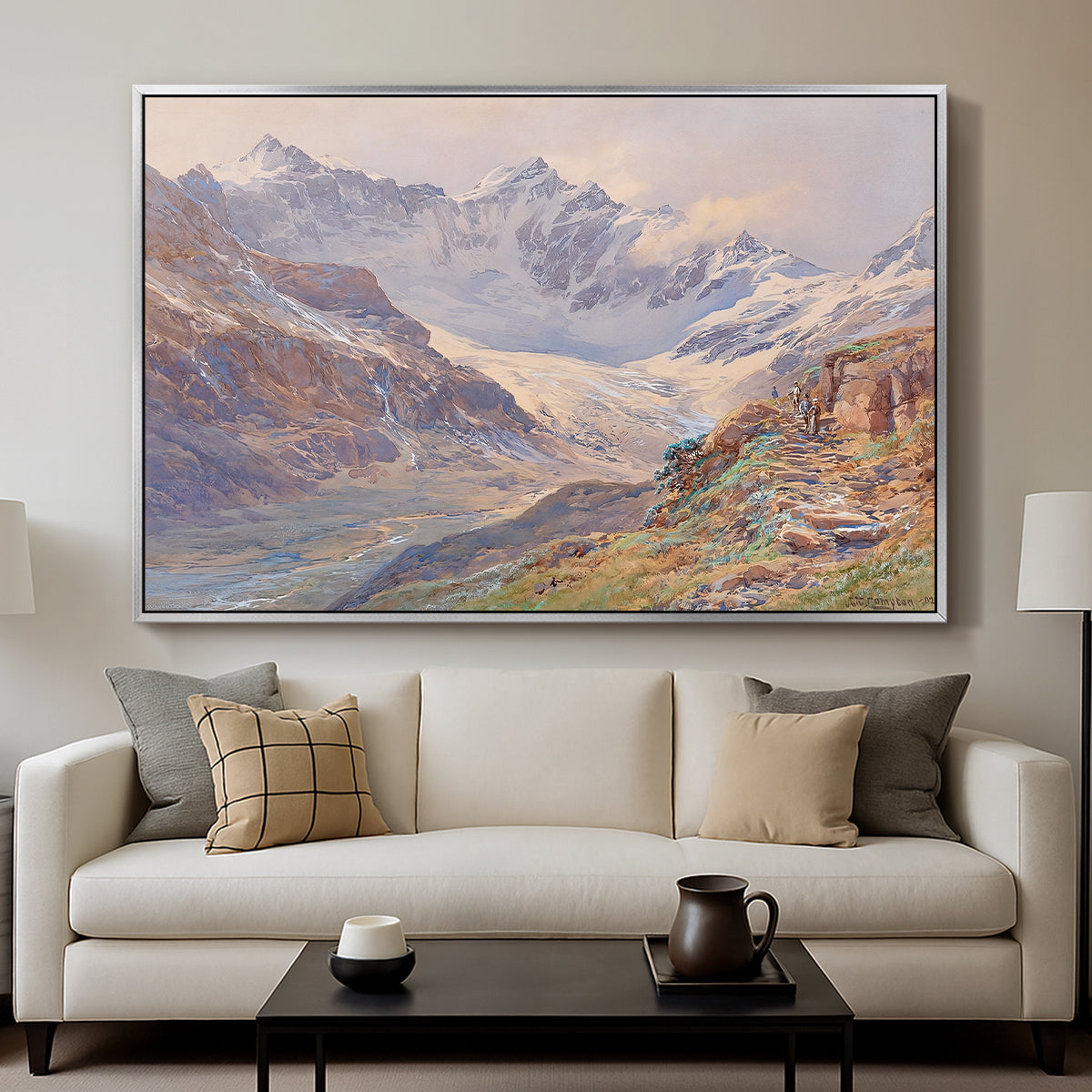 Odenwinklkees with the Johannisberg, 1902 by Edward Theodore Compton displayed in a silver floater framed canvas above a sofa in a clean living room.