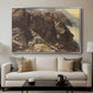 High Mountain Study, c. 1870 by Edward Theodore Compton displayed in a silver floater framed canvas above a sofa in a clean living room.