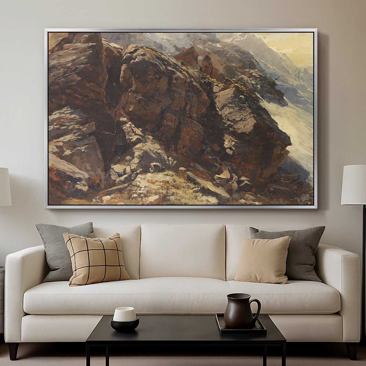High Mountain Study, c. 1870 by Edward Theodore Compton displayed in a silver floater framed canvas above a sofa in a clean living room.