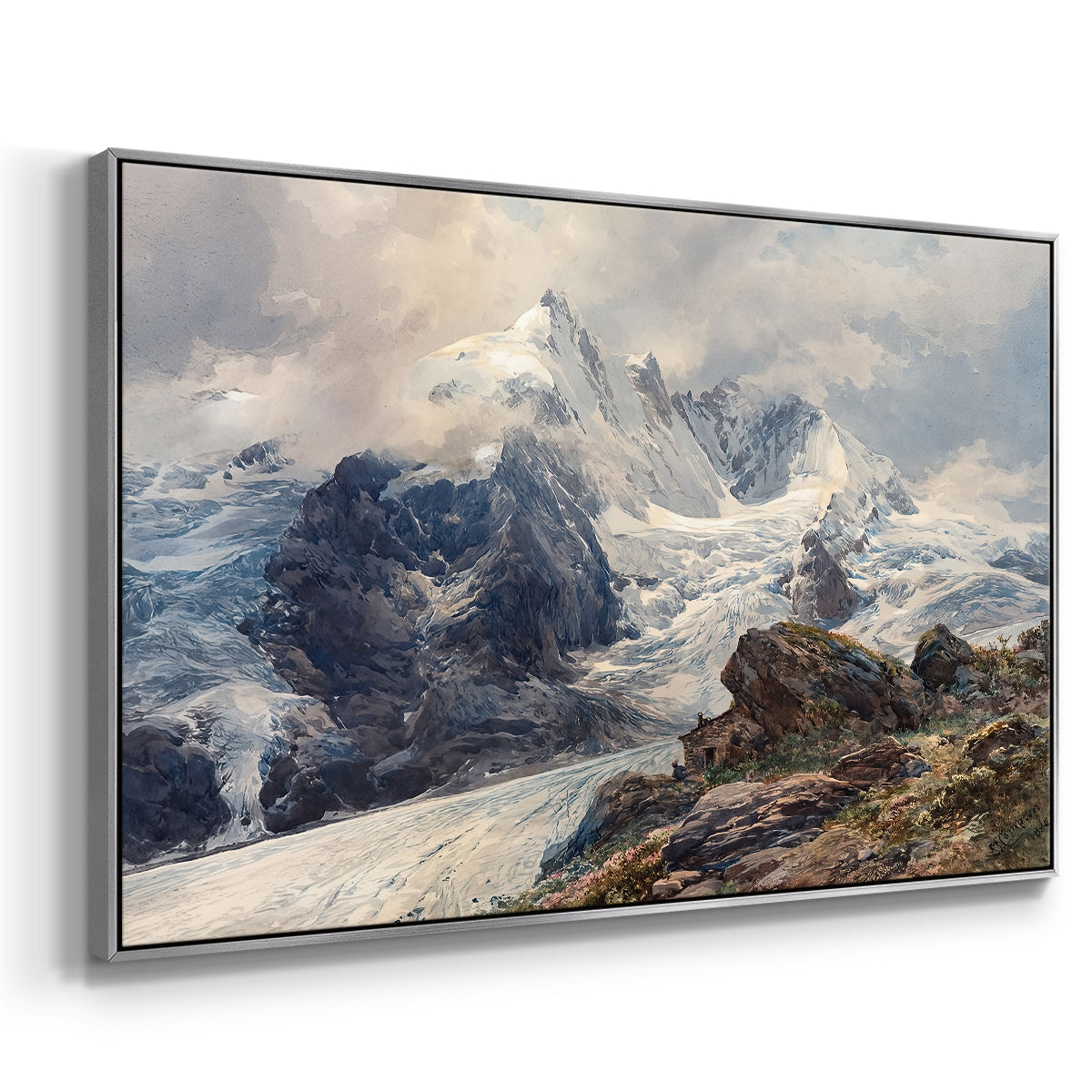 Angled view of The Grossglockner, 1880 by Edward Theodore Compton in a silver floater framed canvas.