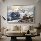 The Grossglockner, 1880 by Edward Theodore Compton as a silver floater framed canvas featuring a towering mountain peak rising above rocky alpine landscape, displayed above a sofa in a modern living room.
