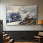 Silver floater framed canvas featuring an alpine peak dominating surrounding terrain, displayed in a hallway near a staircase.