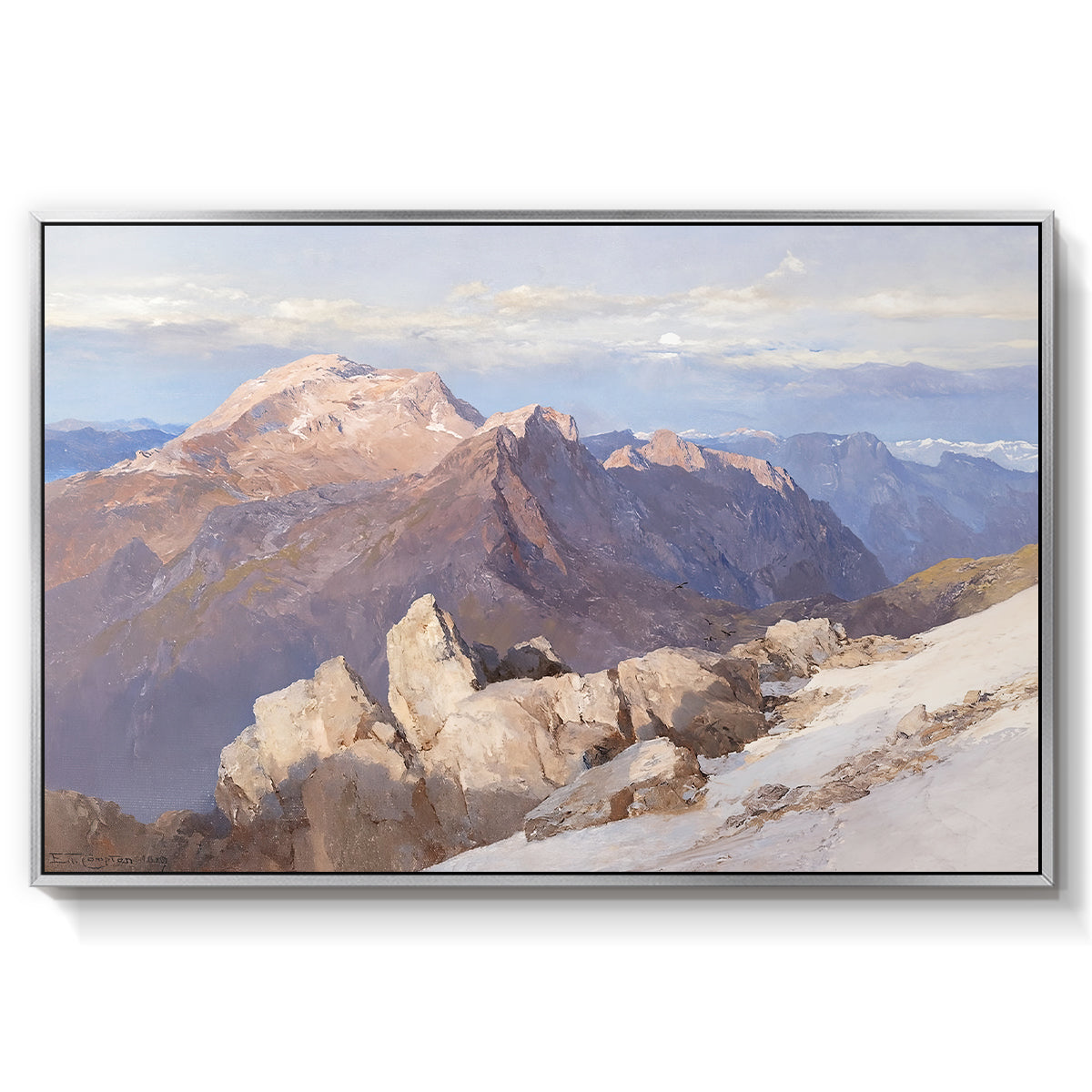 Hoher Göll from Watzmann-Hocheck, 1919 by Edward Theodore Compton in a silver floater framed canvas wall art display.