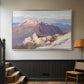 Silver floater framed canvas featuring an expansive mountainous landscape with natural depth, displayed in a hallway near a staircase.