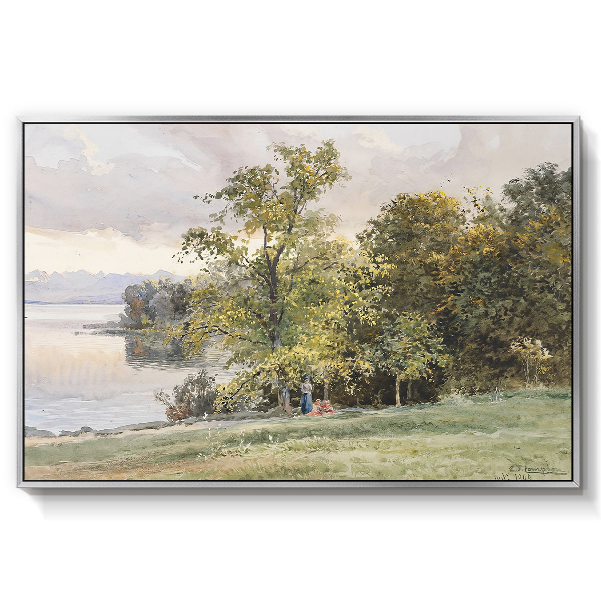 Landscape at Lake Starnberg, 1890 by Edward Theodore Compton in a silver floater framed canvas wall art display.
